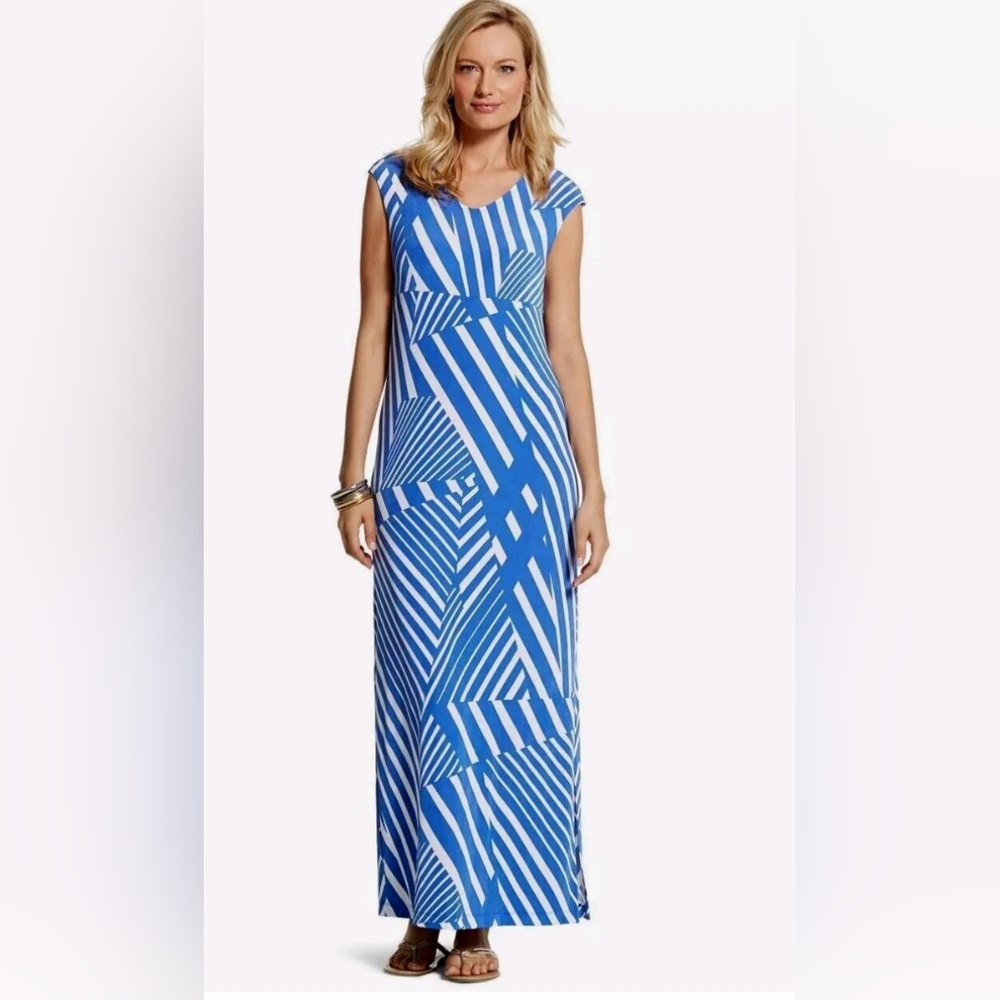 TRAVELERS by CHICO'S Stretch Resort Side slit Maxi Dress Blue White Size 0/small